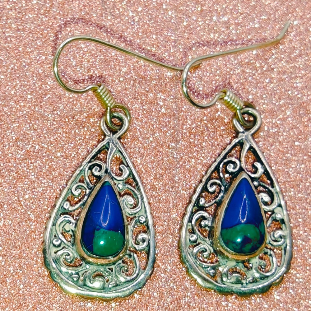 Vintage Taxco Mexican SS Azurite Malachite Filigree Drop Hook Earrings Signed